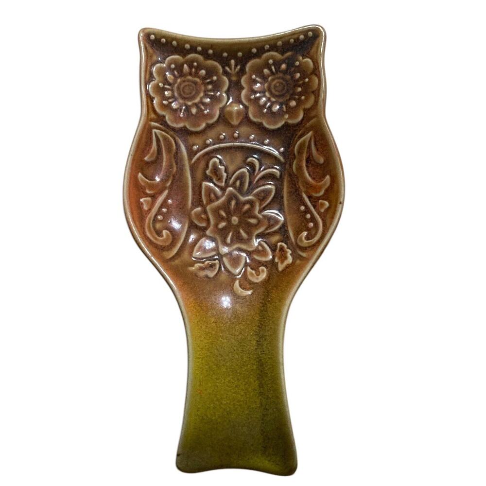 Cracker Barrel Stoneware Owl‎ Spoon rest• Browns/Orange/Green Fall/Autumn